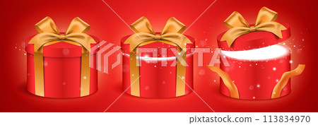 Red gift box set with golden ribbon and glowing glitter light. Holiday surprise giftbox vector set 113834970