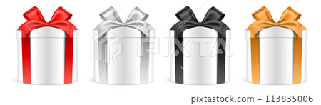 Round shape white gift boxes with colorful ribbons isolated on background vector illustration Round shape white gift boxes with colorful ribbons isolated on background vector illustration 113835006