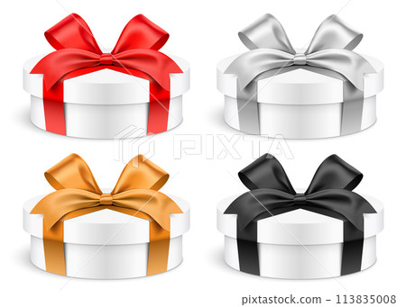 Set of low height white gift boxes wrapped with colorful ribbons, vector illustration Set of low height white gift boxes wrapped with colorful ribbons, vector illustration 113835008