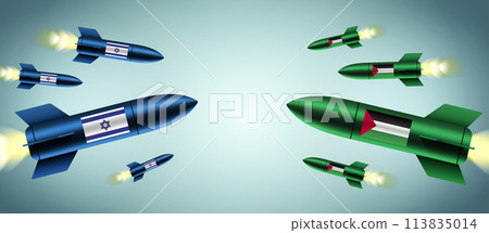 Israeli and Palestinian bombs flying towards each other, concept vector illustration. Israeli and Palestinian bombs flying towards each other, concept vector illustration. 113835014