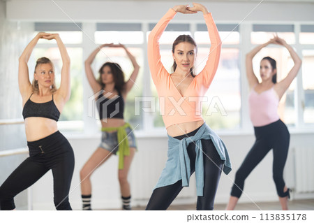 During lesson, girl learn to move and perform dance in heels with women companions During lesson, girl learn to move and perform dance in heels with women companions 113835178