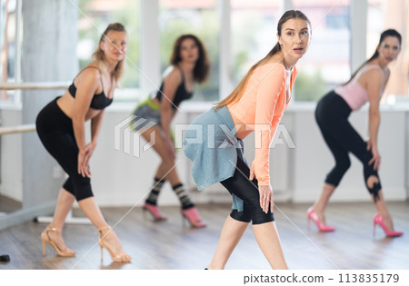 During lesson, girl learn to move and perform dance in heels with women companions 113835179