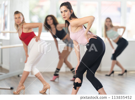 Female instructor performing graceful sass dance at group class Female instructor performing graceful sass dance at group class 113835452