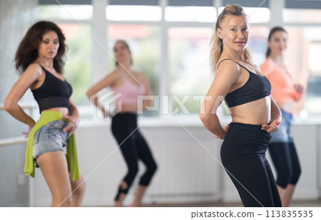 Female dancer performing sensual choreography in high heels at group rehearsal 113835535