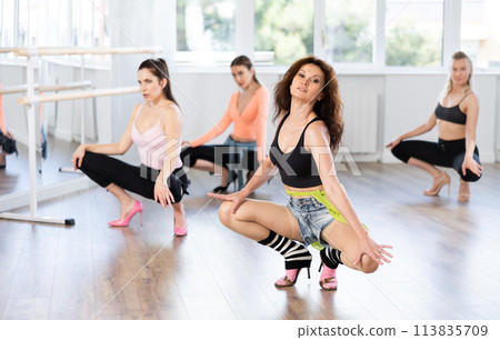 Female dancer performing sensual choreography in high heels at group rehearsal 113835709