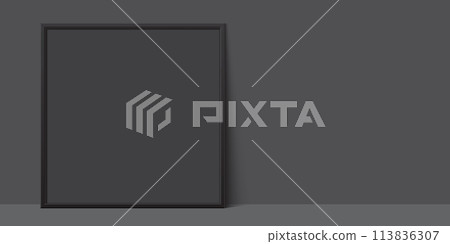 Square shape black frame leaning against a grey wall background, vector mockup. Square shape black frame leaning against a grey wall background, vector mockup. 113836307
