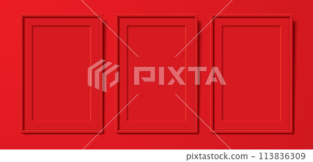 3 red blank poster frames hanging on the wall background, vector mockup. 3 red blank poster frames hanging on the wall background, vector mockup. 113836309