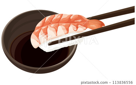 將蝦子壽司沾上醬油 113836556