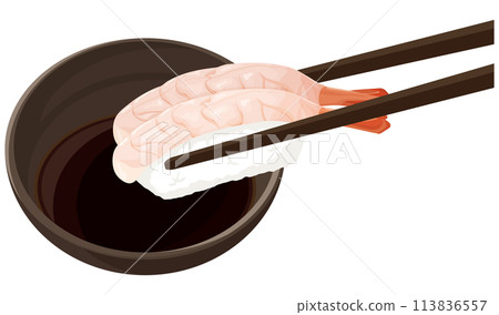 將甜蝦壽司沾上醬油 113836557