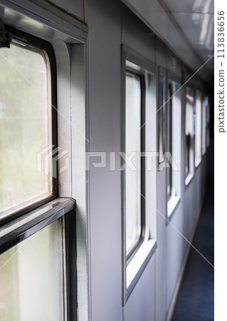 Old train windows. Inside of train. Old train windows. Inside of train. 113836656