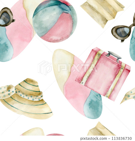 Retro travelling watercolor seamless pattern with ball, colorful vintage surf, pink luggage, sunglasses and sun hat. BAckground for summer textile, tourist booklet, travelling guide design 113836730