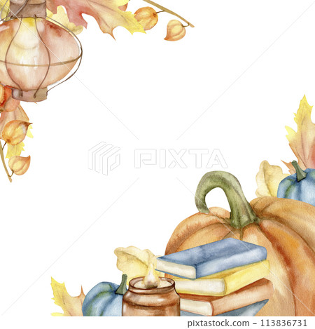 Cozy autumn frame with orange leaves, pumpkin , books, candle and hanging lamp. Fall season banner for thanksgiving festival, harvest decoration 113836731