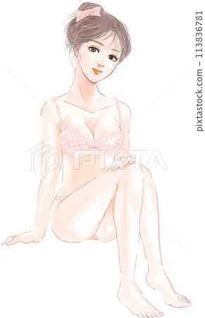 一個毛茸茸的性感美女微笑著坐著的全身插圖 113836781