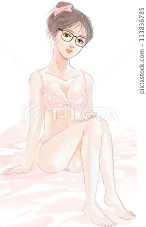 Full-body illustration of a sexy, smiling beauty sitting 113836785