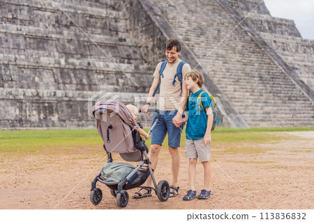 Father and two sons tourists observing the old pyramid and temple of the castle of the Mayan architecture known as Chichen Itza these are the ruins of this ancient pre-columbian civilization and part Father and two sons tourists observing the old pyramid and temple of the castle of the Mayan architecture known as Chichen Itza these are the ruins of this ancient pre-columbian civilization and part 113836832
