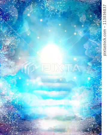 Spiritual background of clouds stairs leading to heaven and glowing lights 113836837