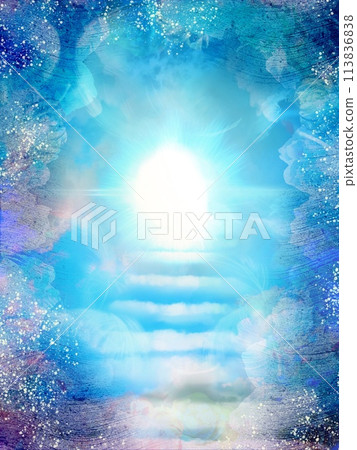 Spiritual background of clouds stairs leading to heaven and glowing lights 113836838