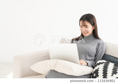 觀看一台便攜式計算機的婦女在屋子裡 觀看一台便攜式計算機的婦女在屋子裡 113836902