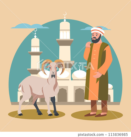 Arabian Muslim Man with Sheep Goat in Front of Mosque for Islamic Eid Al Adha Arabian Muslim Man with Sheep Goat in Front of Mosque for Islamic Eid Al Adha 113836985
