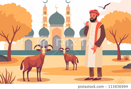 Arabian Muslim Man with Sheep Goat in Front of Mosque for Islamic Eid Al Adha Arabian Muslim Man with Sheep Goat in Front of Mosque for Islamic Eid Al Adha 113836994