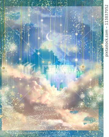 夜空中閃閃發光的圖畫書般的星星和可愛的柔和色彩的城堡的幻想背景 113837052