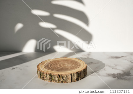 Wooden cut podium with monstera leaf shadow for natural cosmetics or products presentation 113837121