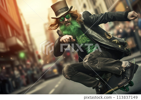 man in leprechaun costume rides through the city streets on a skateboard 113837149
