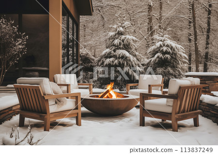 Cozy backyard deck with fire pit And sitting area in winter 113837249