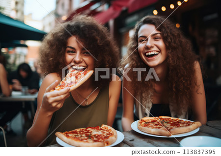 Happy young female friends eating pizza in the city Happy young female friends eating pizza in the city 113837395