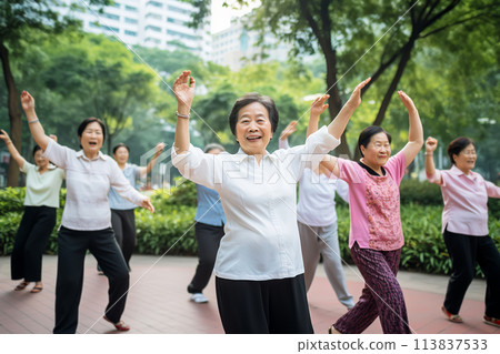 Chinese elderly women dancing on city park as a hobby and cultural phenomenom Chinese elderly women dancing on city park as a hobby and cultural phenomenom 113837533