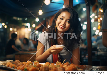 Young Asian woman enjoying fries street food at night market 113837554