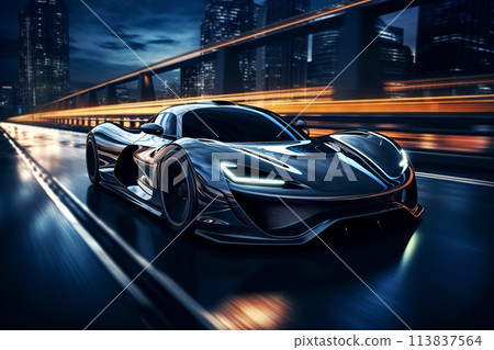 Autonomous Self-Driving Car Moving Through City Highway with light trails 113837564