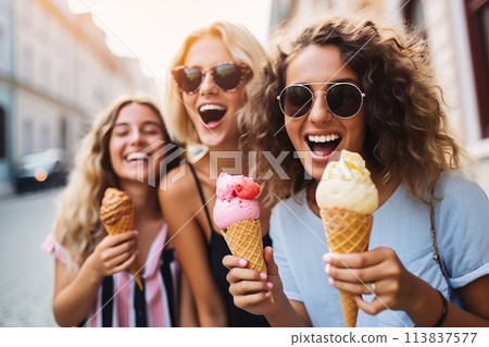 Happy young female friends eating ice cream in the city 113837577
