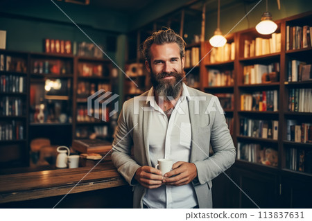 Attractive Brutal bearded man drinks cofee in bookstore 113837631