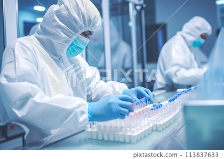 Female scientists in protective clothing work with bio and chemical samples in test tubes in a modern laboratory Female scientists in protective clothing work with bio and chemical samples in test tubes in a modern laboratory 113837633