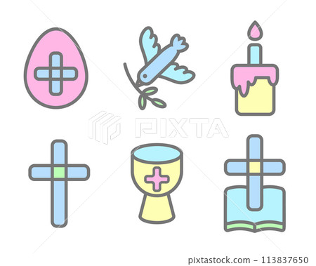 Easter vector icons. Christian religious outline color symbols of cross bible cake bird and cup isolated on white background. Pictograms for holly spring holiday. 113837650