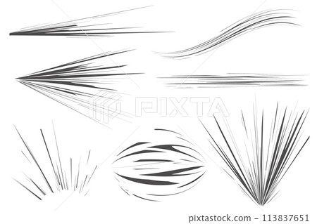 Manga speed lines effect. Vector comic motion elements. Action graphic flash burst and explosive boom isolated on white background. Abstract graphic illustration. 113837651