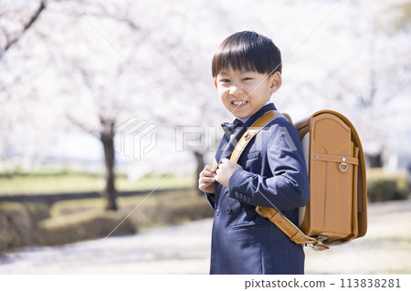 First grade elementary school students carrying backpacks and rows of cherry blossom trees - an image of school entrance First grade elementary school students carrying backpacks and rows of cherry blossom trees - an image of school entrance 113838281