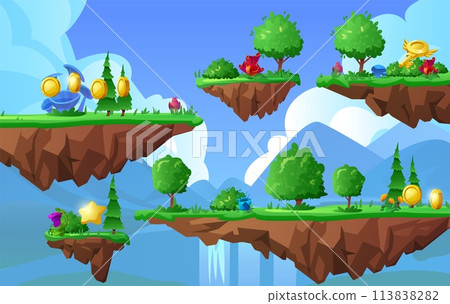 Game world with level platforms, floating forest land island, magical flowers and mushrooms, vector game reward trophies 113838282