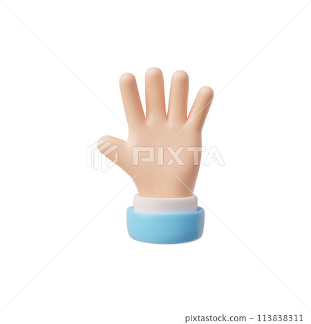 Open outstretched hand gesture, showing five fingers, 3D emoji vector, human palm with blue sleeve extended in greeting Open outstretched hand gesture, showing five fingers, 3D emoji vector, human palm with blue sleeve extended in greeting 113838311