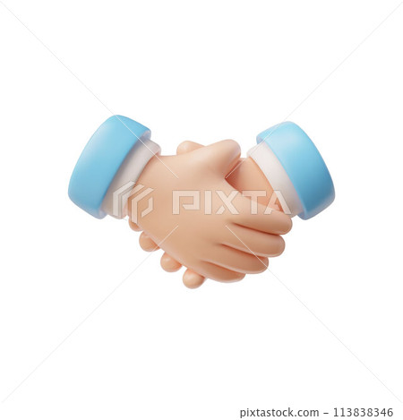 3D handshake, hold hands with blue sleeve vector icon, cartoon partnership arm gesture, greetings or support, agreement 113838346