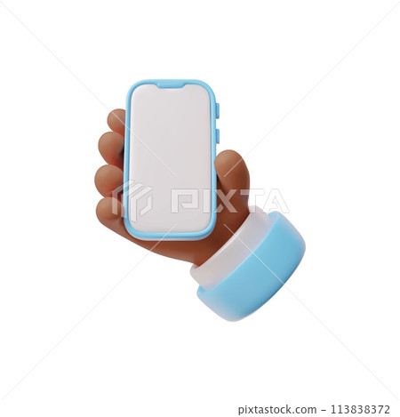 Hand holding mobile smartphone with white screen 3D vector, afro arm with blue sleeve holding gadget with empty display Hand holding mobile smartphone with white screen 3D vector, afro arm with blue sleeve holding gadget with empty display 113838372