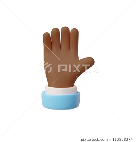 Open outstretched hand gesture, showing five fingers, 3D emoji vector, afro palm with blue sleeve extended in greeting Open outstretched hand gesture, showing five fingers, 3D emoji vector, afro palm with blue sleeve extended in greeting 113838374