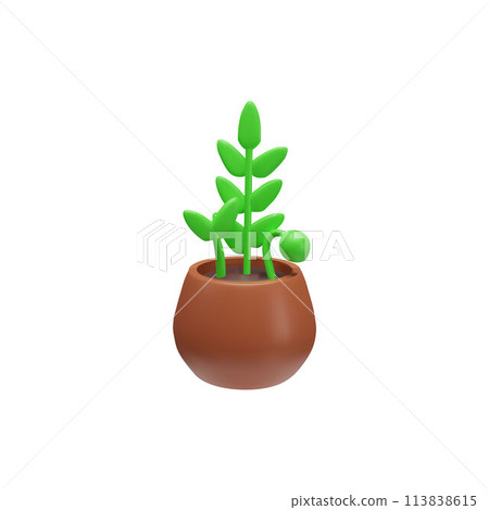 Potted plant with sprouts, 3D vector art. Isolated background. 113838615