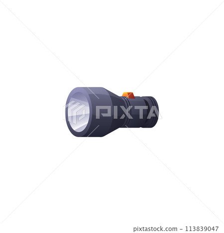 Electric flashlight with button vector icon, black portable tourist lighting device, hiking or camping travel equipment 113839047