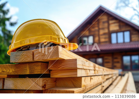 Timbers, Safety Helmet and a Wooden House, Generative AI 113839086