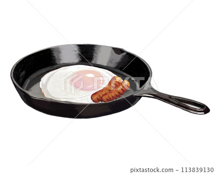 Fried egg and sausage (with skillet) 113839130