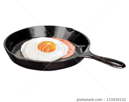 Ham and egg (soft-boiled) with skillet 113839132