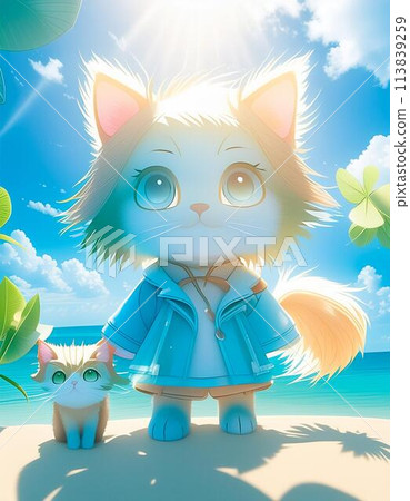 A kitten on vacation at a tropical beach 113839259