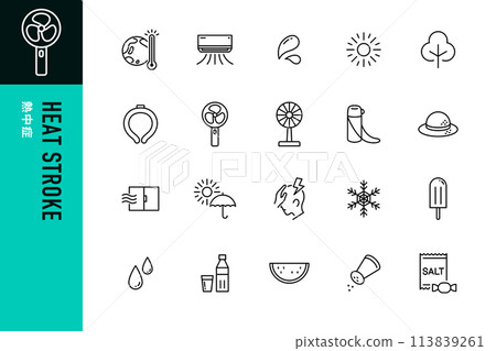 Heat stroke prevention line icon set 113839261
